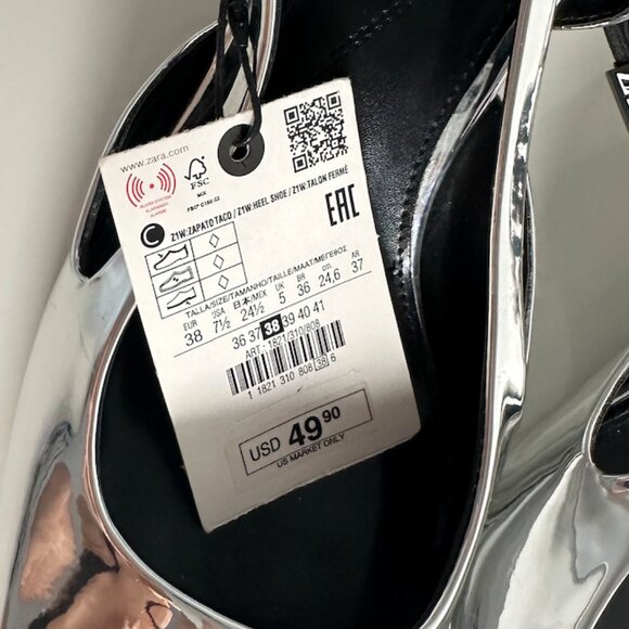 7.5/38 ZARA PARTY METALLIC SILVER SLINGBACK SHOES - Picture 4 of 6